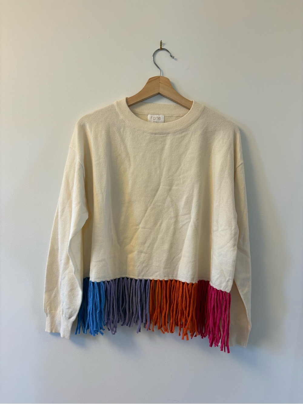Fate Women's Cream Fringe Crewneck Sweater - Small